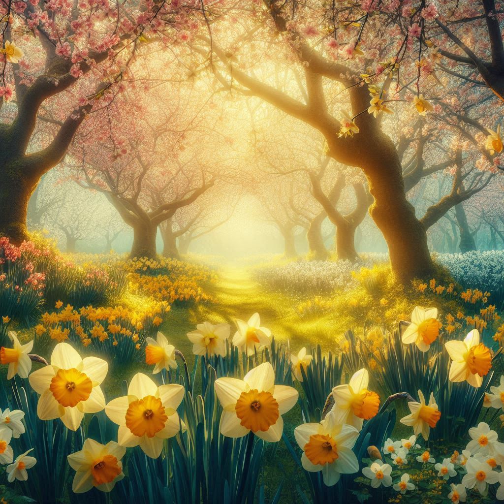 Field of daffodils in the spring sunshine